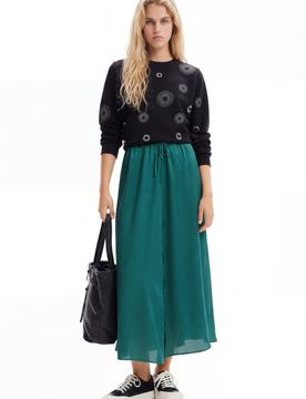 Falda midi satinada, Mujer, Poliester, Verde, XS