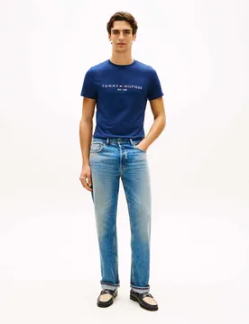 T-shirt blu in cotone con logo ricamato sul petto - Tommy hilfiger - FashionsVida