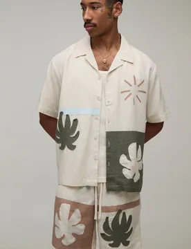 Men's Palm Applique Oversized Linen Shirt & Baggy Short Set Ecru Size X-Small Ecru XS - boohooMAN - FashionsVida