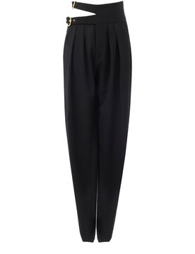High-rise Tailored Pants in Lower-impact Wool Grain de Poudre, Gathered at the Waist and Featuring Double Belts with Gold-tone Buckles