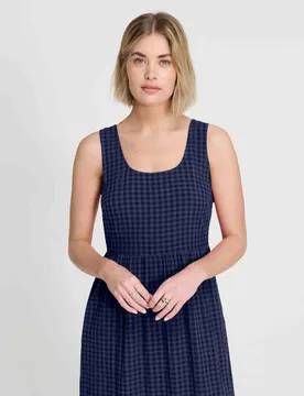Cotton Blend Gingham Midi Waisted Dress Navy Mix female - Finery London - FashionsVida