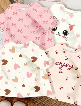 Conjunto de 4 camisetas básicas de manga corta y cuello redondo para niñas jóvenes, adecuado para primavera/verano - Shein - FashionsVida