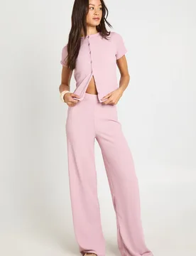 Womens Tall Crinkle Rib Button Through Cap Sleeve Top And Trouser Set - Pink - Size 14 Uk - Boohoo - FashionsVida
