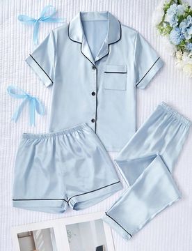 Conjunto de pijama de 3 piezas para niñas: pantalón de tela arrugada de unicolor, shorts y top de manga corta con cuello en V, ropa de dormir casual