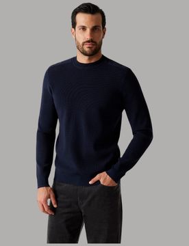 Pullover Uomo Blu, Girocollo a Quadri in Misto Viscosa