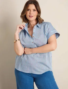 Modal Rich Striped Collared Shirt Blue female - Live Unlimited London - FashionsVida
