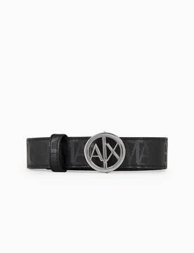 Cintura nera Exchange in similpelle con scritta logo all-over e fibbia tonda in metallo - Armani - FashionsVida