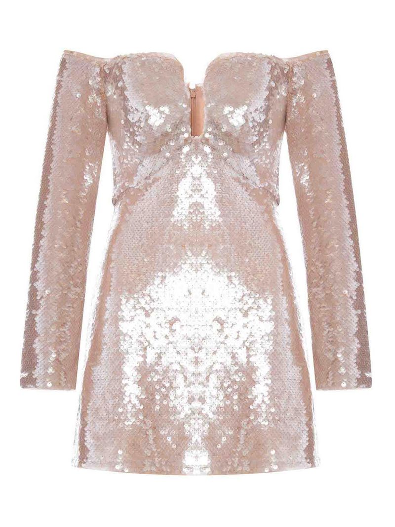 Miniabito con paillettes con spalle scoperte