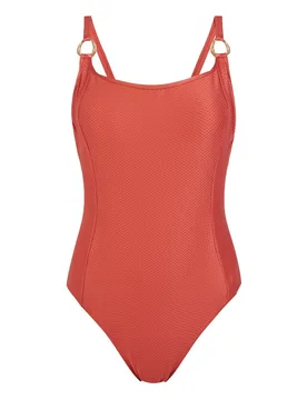 Bañador de mujer de la colección class de tirantes regulables y estampado combinado con textura y brillo en color naranja - Dolores Cortés - FashionsVida