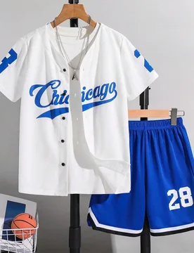 Conjunto de 2 piezas para niño preadolescente, camisa estilo chaqueta de béisbol y pantalones cortos blancos de verano, ropa de calle escolar para v - Shein - FashionsVida
