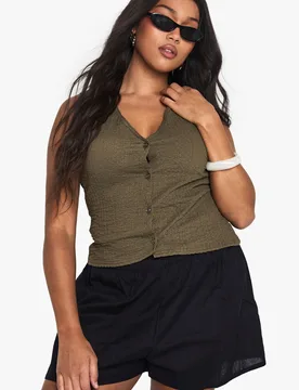 Womens Plus Crinkle Waistcoat - Khaki Cotton - Size 22 Uk - Boohoo - FashionsVida