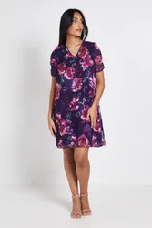 Petite Floral Puff Sleeve Shift Dress - Navy - Size: 14