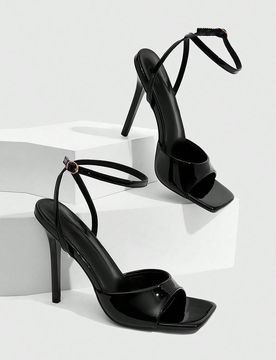 Sandalias de tacón alto para mujer de 11CM con punta cuadrada y punta abierta, tacón de gatito, unicolor negro, tacones altos fáciles de usar con c