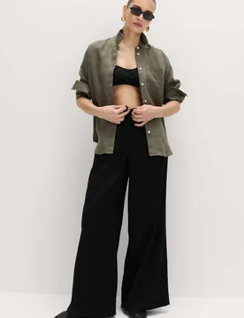 Linen Rich Drawstring Wide Leg Trousers Black female - M&S - FashionsVida