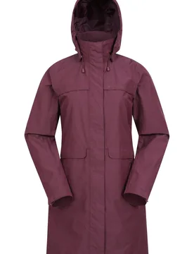 Women's 'Cloud Burst' Waterproof Adjustable Hood Textured Long Rain Jacket in Burgundy Size: 16 - Burgundy - Size: 16 - Mountain Warehouse - FashionsVida