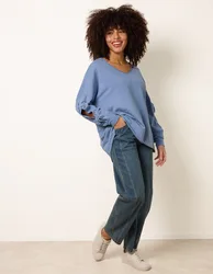Loop Back Sweat Bow Sleeve Raw Edge V Neck Top - ONE / DENIM - female