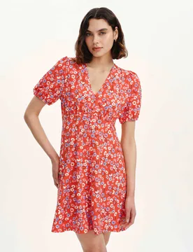 Floral V-Neck Mini Tea Dress Red Mix female - Finery London - FashionsVida