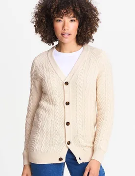Women's Cotton Textured Cable Button Through Cardigan Sweater in Ecru Size: Medium - Ecru - Size: M - Cotton Traders - FashionsVida