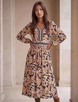 Floral Border Print V-Neck Midi Skater Dress Natural Mix female - Roman - FashionsVida