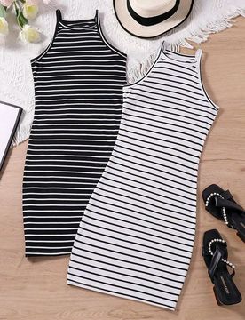 Vestido de tirantes a rayas informal para niñas preadolescentes, conjunto de múltiples piezas
