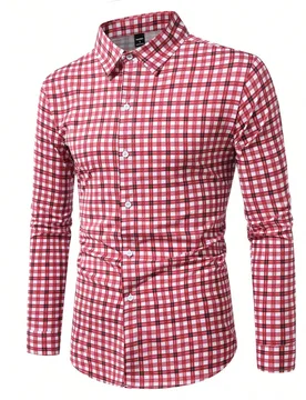 Camisa casual de manga larga con cuello abatido y botones delanteros para hombre, camisa formal a cuadros rojos y blancos, otoño, ceremonia - Shein - FashionsVida