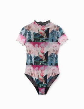 Body manches courtes tulle fantaisie, Polyester, XL
