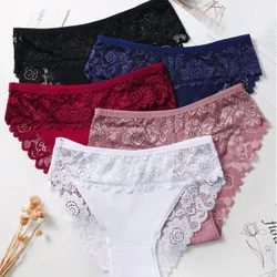 Set de 5 pantaletas de algodón con encaje en la cintura, parche y diseño transpirable y cómodo con adorno de encaje