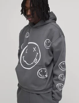 Men's Nirvana Face Oversized License Print Hoodie Charcoal Size Large Charcoal L - boohooMAN - FashionsVida