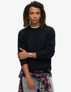 Superdry Herren Jacob Pullover mit Zopfmuster Marineblau - Größe: M