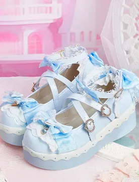 Zapatos de mujer, decoración de lazo tridimensional azul y rosa, diseño de hebilla metálica, tacón de cuña, plataforma Mary Jane, uso Lolita, uso - Shein - FashionsVida