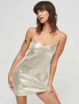 Superdry Damen Mini-trägerkleid mit Pailletten Silber - Größe: 40 - 89.99 - FashionsVida