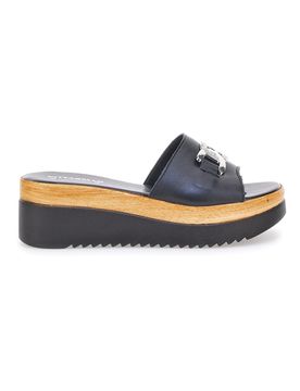 Ciabatta Nera con Fascia in Pelle e Platform Effetto Sughero 34567409 38