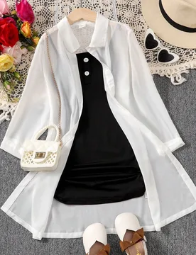 Vestido De Niña Tween Con Tirantes Sólidos Y Blusa Transparente De Malla - Shein - FashionsVida