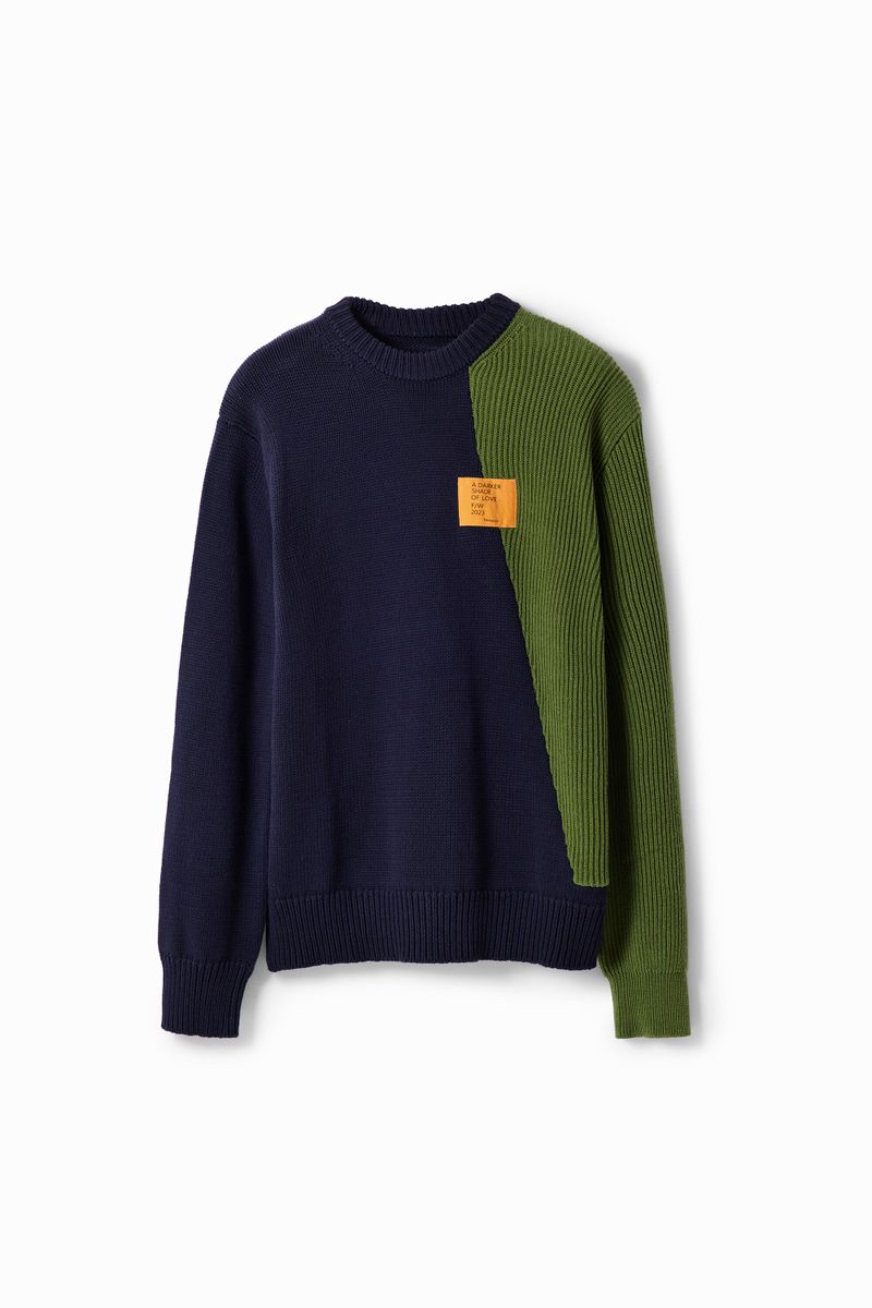 Pull combiné bicolore, Coton, Bleu, XL