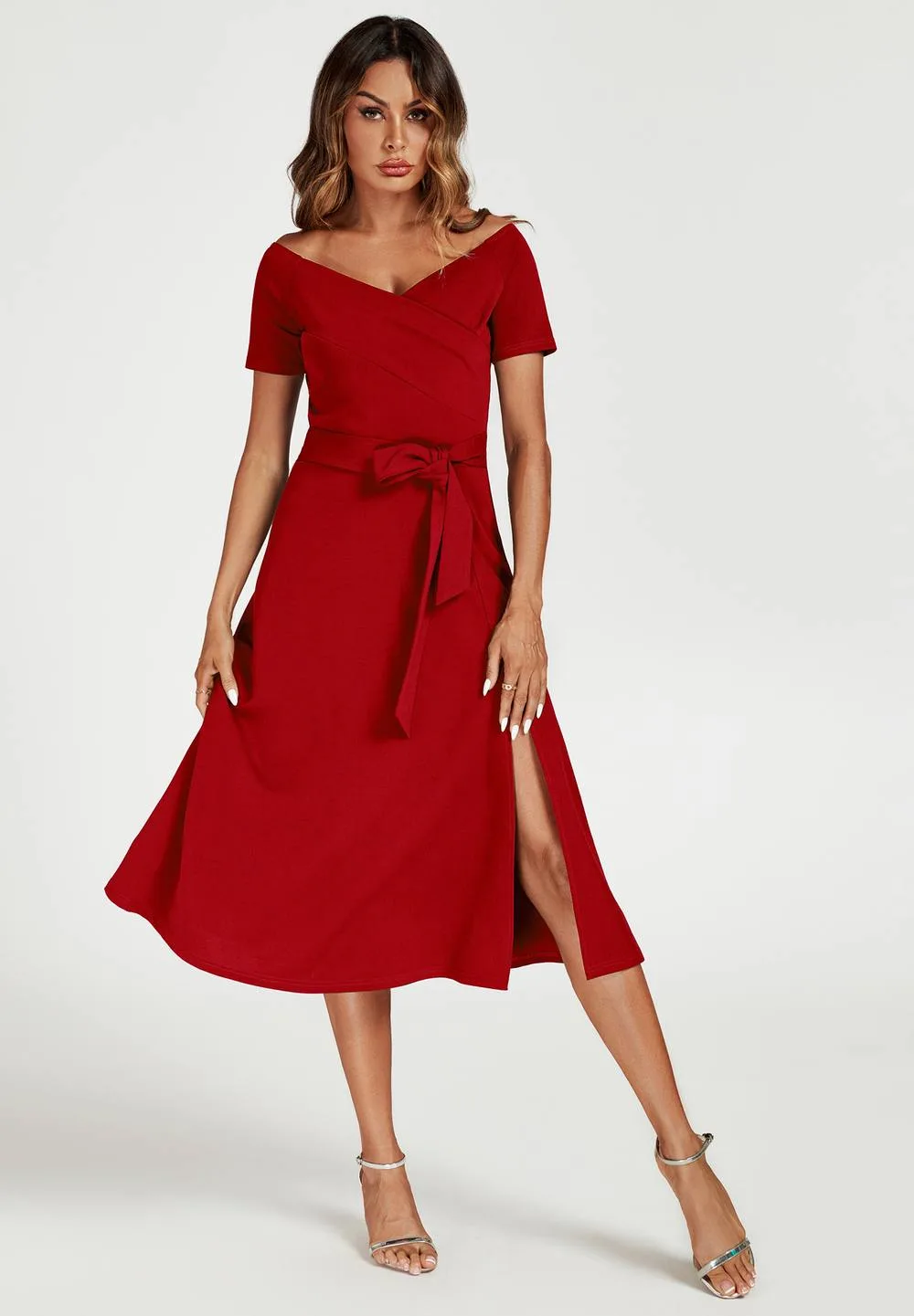 Bardot Midi Dress - Red - Size: L - FS Collection - FashionsVida