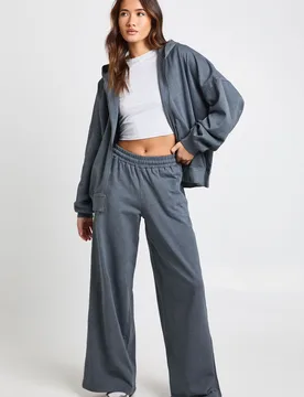 Womens Washed Oversized Zip Through Hoodie Tracksuit - Grey Cotton - Size X-Large - Boohoo - FashionsVida