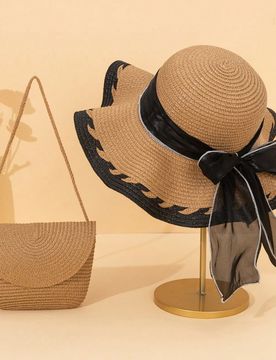 Piezas/1 pieza Sombrero de sol estilo bohemio para mujer, sombrero de ala ancha con decoración de lazo, sombrero de playa de paja de verano, conjunto
