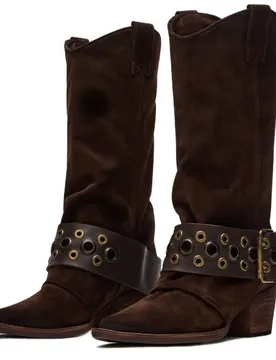 Suede Women Mid Calf Western Boots Pointed Toe Block Heel Eyelet Rubber Sole Retro Vintage Winter Cowboy Footwear F377 - Aliexpress - FashionsVida