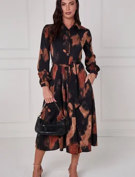 Women's Brown Abstract Print Midi Shirt Dress in Black Size: 16 - Black - Size: 16 - LOVE SUNSHINE - FashionsVida