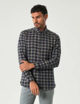 Camicia a quadretti blu e beige in flanella di puro cotone con bottoni automatici - Alley Docks - FashionsVida