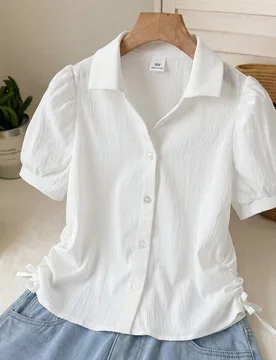 Pieza Camisa ajustada de manga corta con cuello de solapa, lazo decorativo y botones delanteros, estilo universitario casual para niñas, nueva para p - Shein - FashionsVida