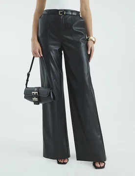 Womens Wide Leg Trousers Black Faux Leather Belted Pu - Size 10 Uk - River Island - FashionsVida