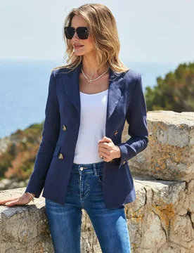 Linen Rich Tuxedo Blazer Navy female - Sosandar - FashionsVida