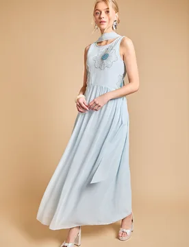 Womens Scarf Detail Hand Stitched Midaxi Dress - Light Blue - OASIS - FashionsVida