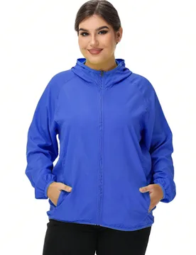 Pieza Chaqueta ligera con capucha de unicolor para mujer, para correr y playa, talla grande, chaqueta casual para deportes al aire libre - Shein - FashionsVida