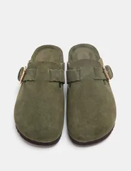 Suede Scallop Edge Strap Clogs Olive female