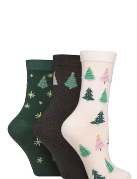 Women's 3 Pair SOCKSHOP Cotton Christmas Gift Socks Christmas Trees 4-8 - Multi Coloured - Size: Small - Wildfeet - FashionsVida