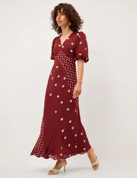 Polka Dot V-Neck Puff Sleeve Midi Tea Dress Burgundy Mix female - Monsoon - FashionsVida