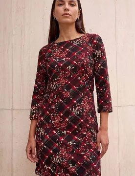 Women's Floral Plaid Panel Shift Dress in Wine Size: 16 - Wine - Size: 16 - Roman - FashionsVida