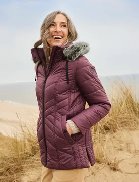 Steppjacke mit Webpelz-Kapuze - Bordeaux - female - Size: 48 - GINA S by Scherer - FashionsVida